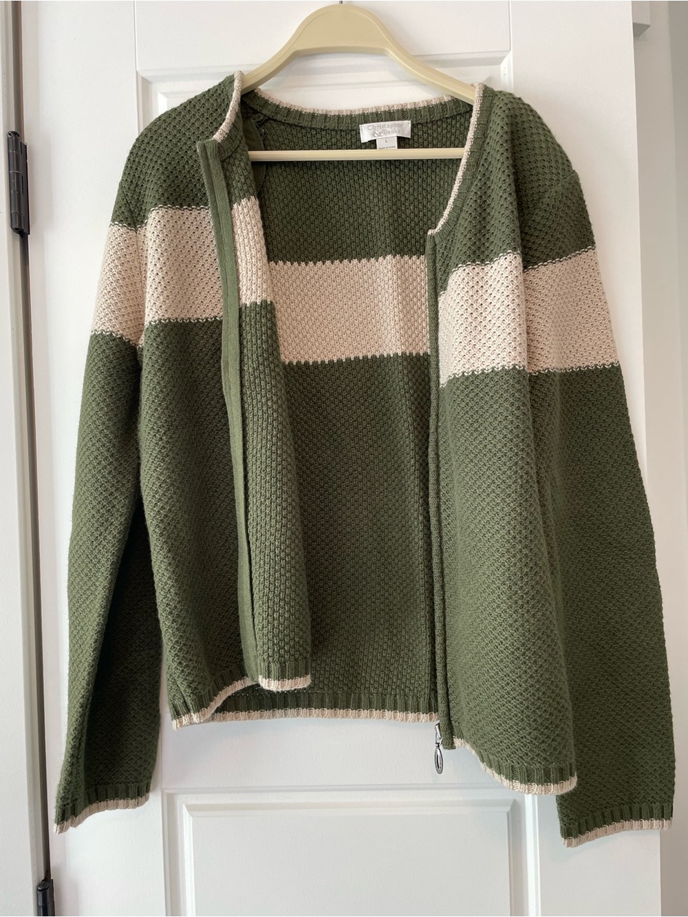 Christopher & Banks Olive Green and Cream Striped Zip Cardigan